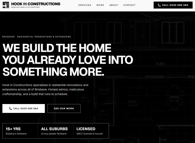 Screenshot of the Hook In Constructions website