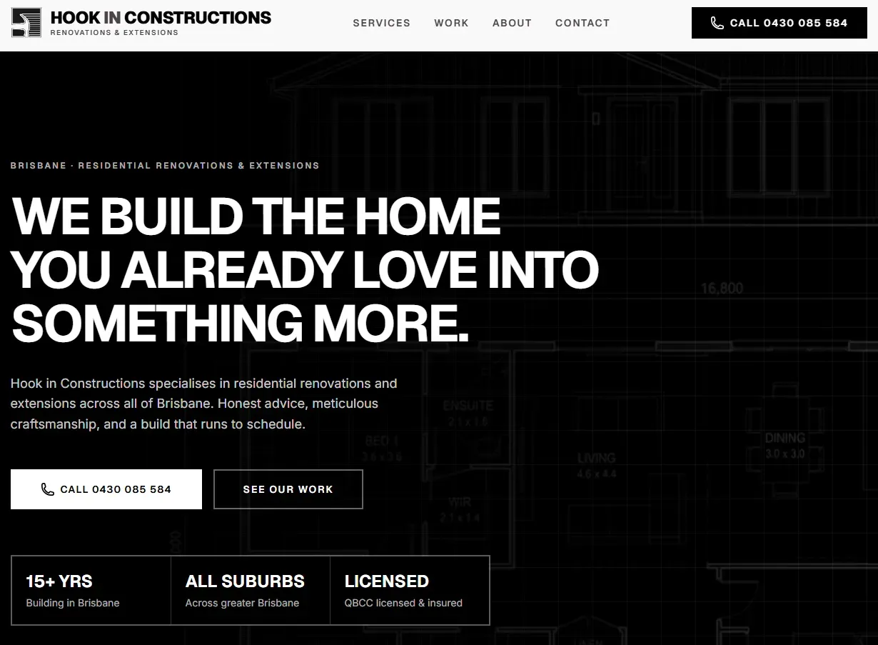 Screenshot of the Hook In Constructions website